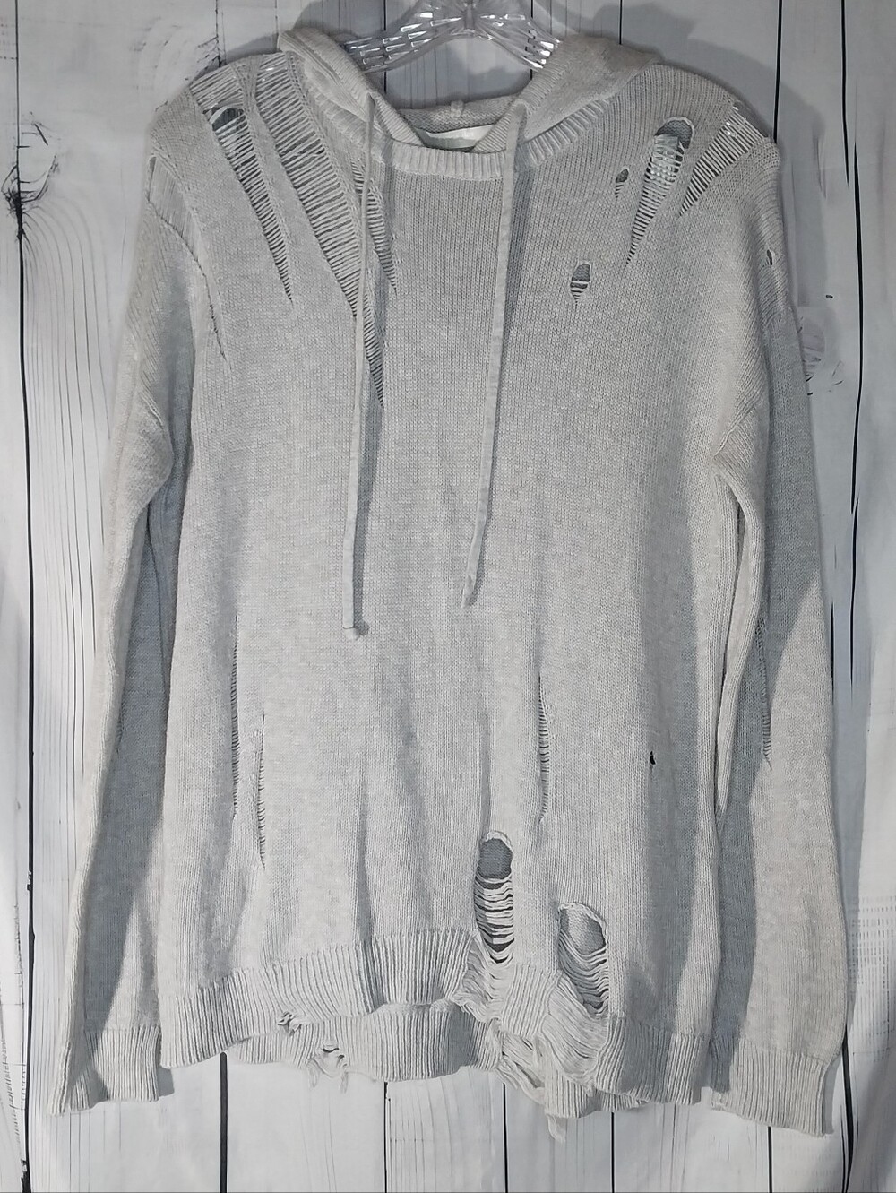 One Grey Day Light Gray Distressed Grunge Edgy Casual Boho Shabby Hooded Sweater